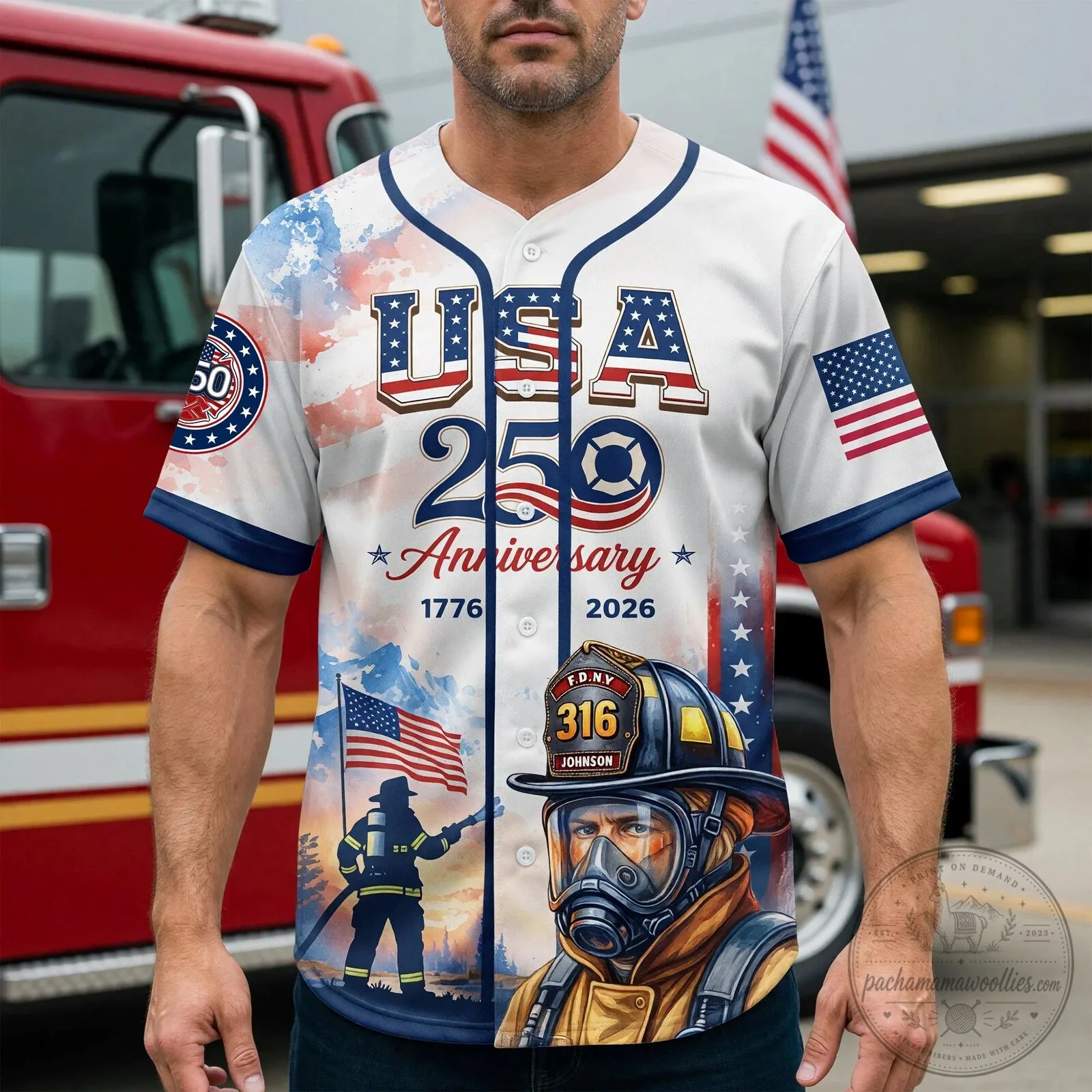 USA 250th Anniversary Firefighter American Flag Patriotic Baseball Jersey