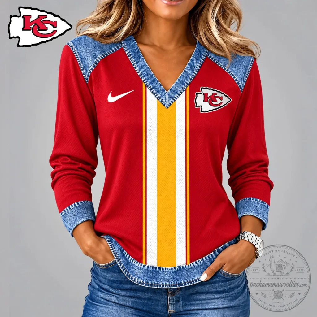 Kansas City Chiefs Football Team Red and Denim Long Sleeve V-Neck Shirt Kansas City Chiefs Football Team Red and Denim Long Sleeve V-Neck Shirt