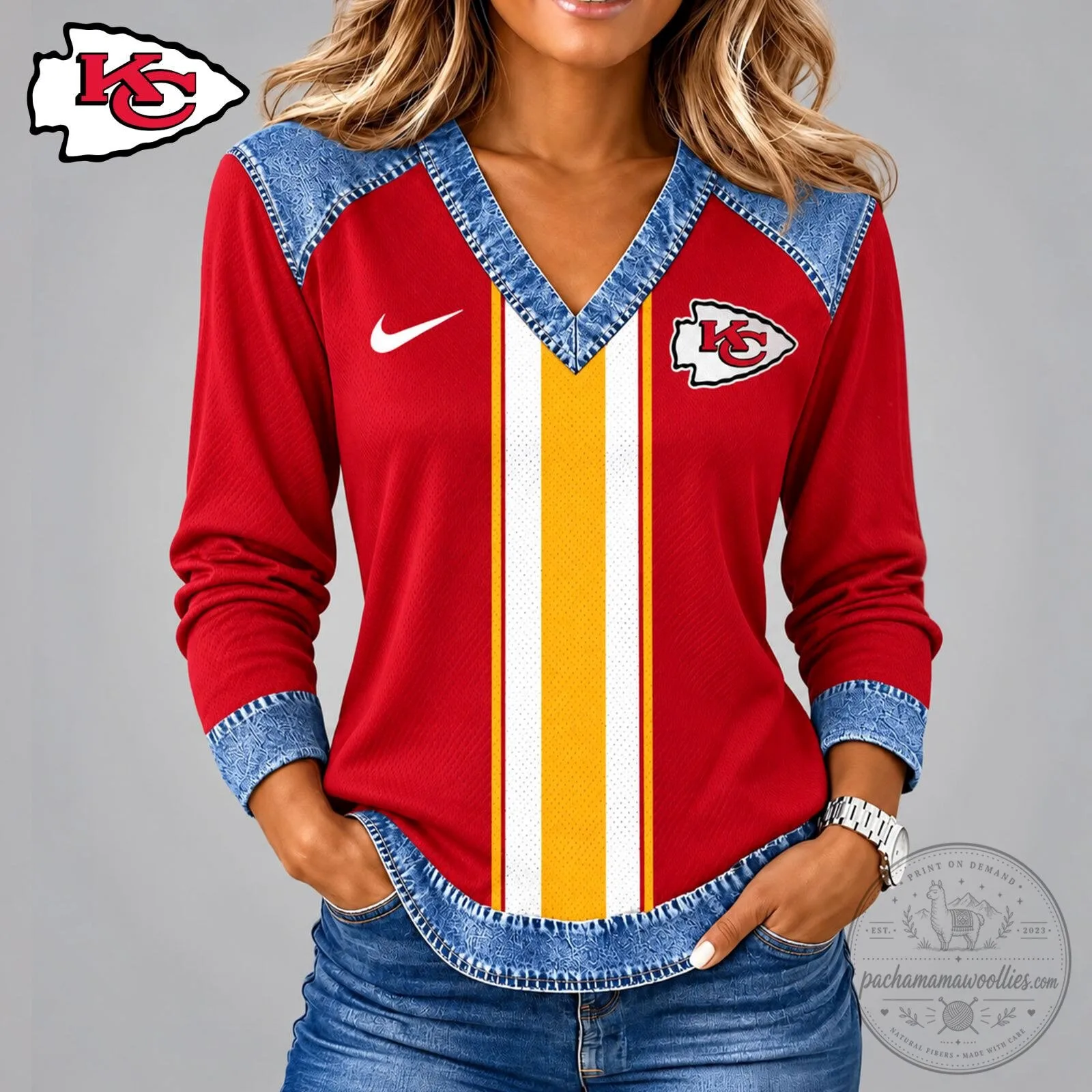 Kansas City Chiefs Football Team Red and Denim Long Sleeve V-Neck Shirt 1 Kansas City Chiefs Football Team Red and Denim Long Sleeve V-Neck Shirt