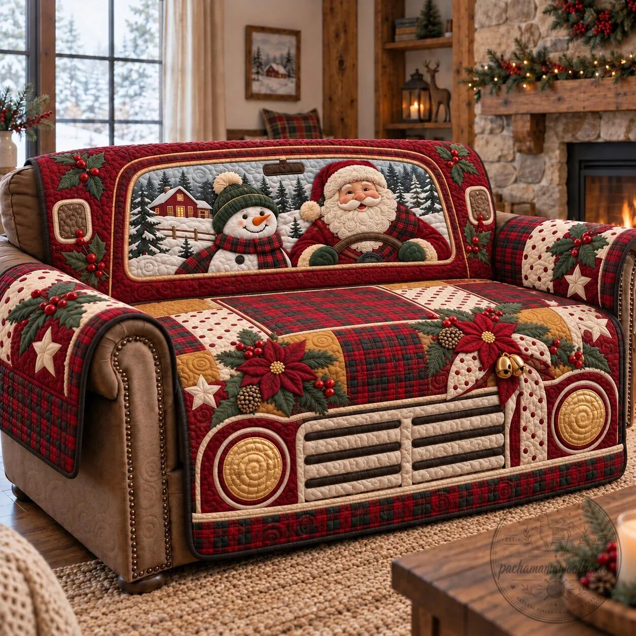 Christmas Santa Claus Snowman Red Plaid Farmhouse Quilted Sofa Cover