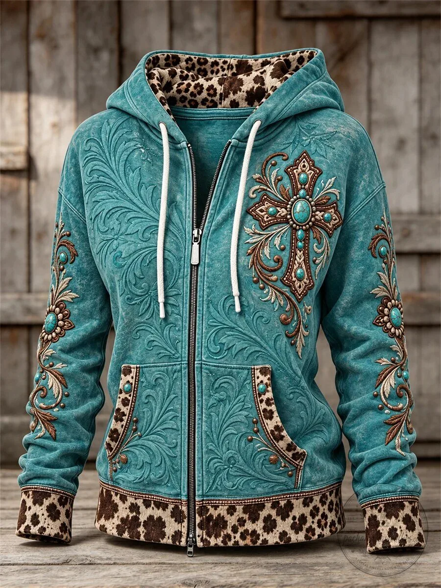 Women's Vintage Western Turquoise Cross Embossed Art Leopard Print Full Zip Hoodie