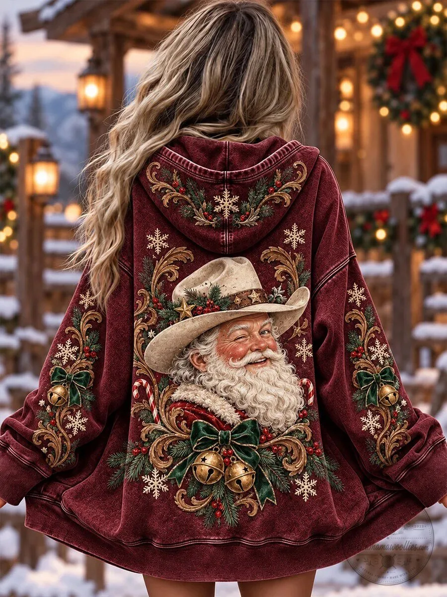 Western Santa Claus Christmas Holiday Winter Snowflakes Women's Hoodie