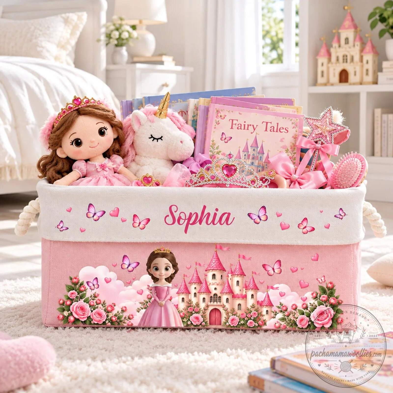Personalized Princess Castle Storage Basket for Girls, Custom Name Toy Organizer Bin