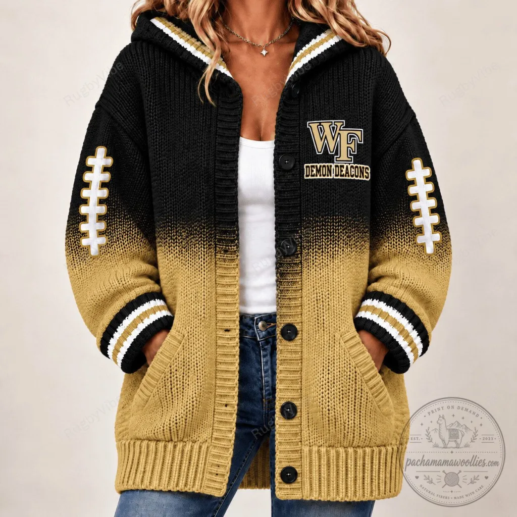 Wake Forest Demon Deacons Football Team Black Gold Striped Knit Cardigan Hoodie Wake Forest Demon Deacons Football Team Black Gold Striped Knit Cardigan Hoodie