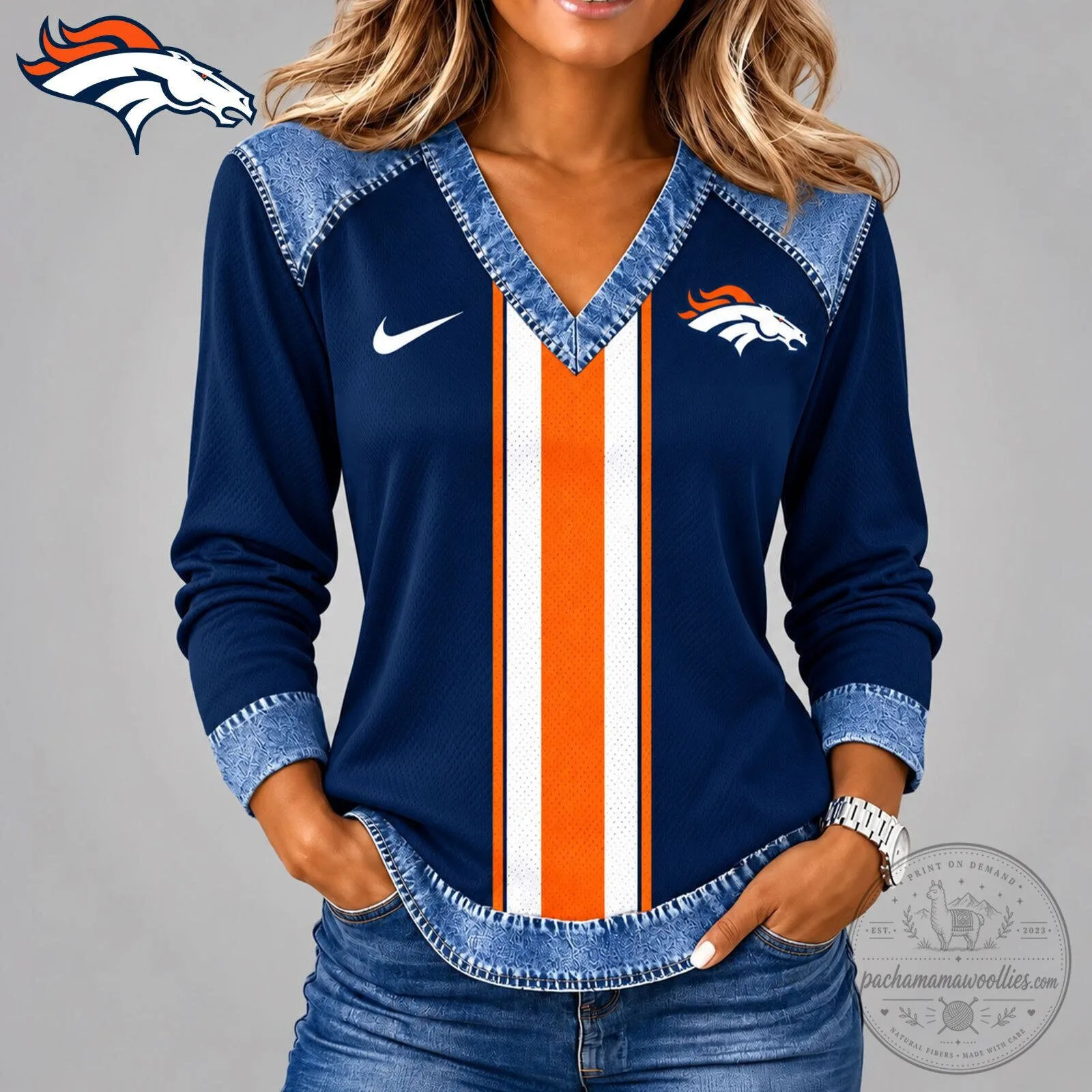 Denver Broncos Premium National Football League Classic Vintage Long Sleeve V-Neck Shirt