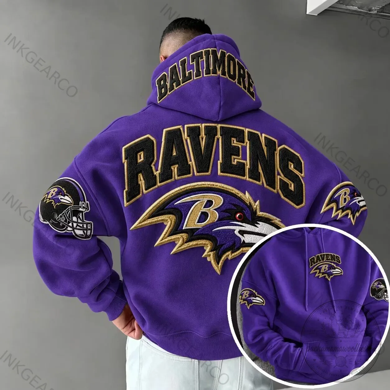 Baltimore Ravens NFL Football Team Logo Embroidered Purple Oversized Hoodie