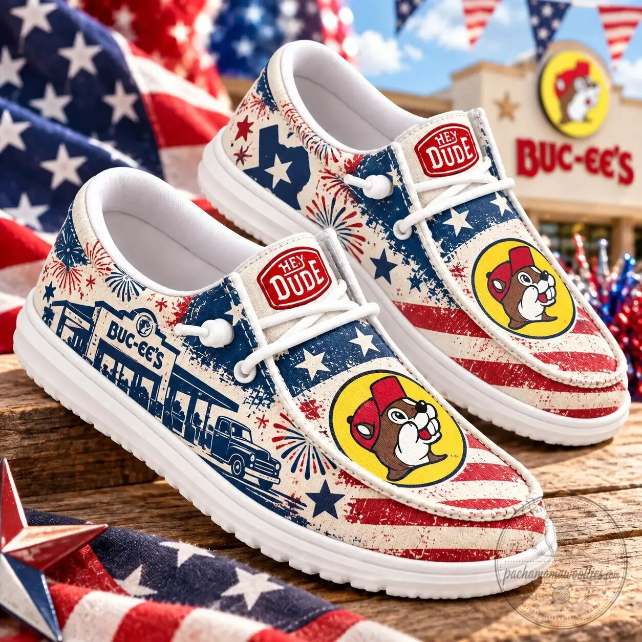Buc-ee's Patriotic Fireworks American Flag Hey Dude Style Shoes