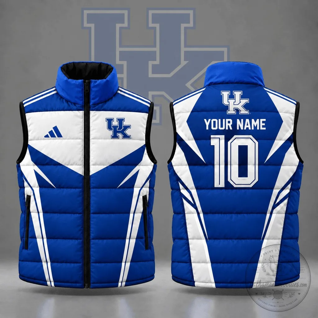 Kentucky Wildcats Custom Name and Number Geometric Colorblock Puffer Vest Kentucky Wildcats Custom Name and Number Geometric Colorblock Puffer Vest