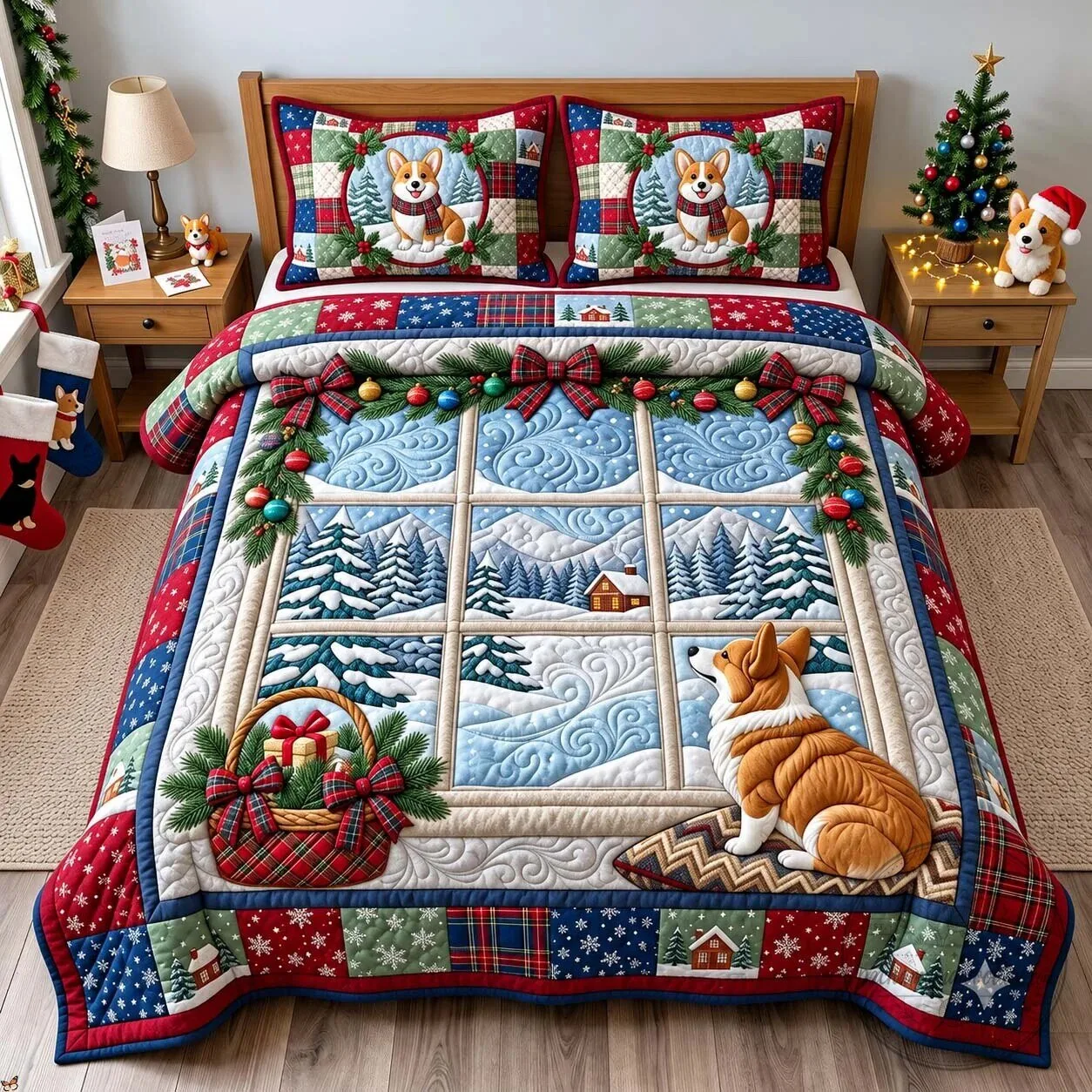 Christmas Corgi Winter Window Scene Quilted Bedding Set 5 Christmas Corgi Winter Window Scene Quilted Bedding Set