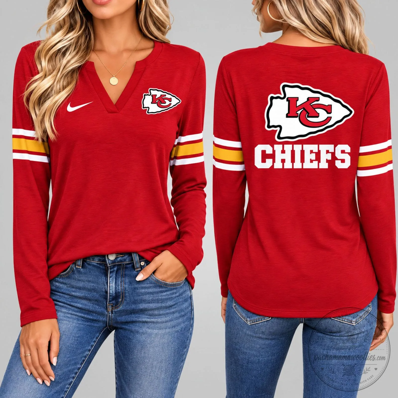 Kansas City Chiefs Women's Red Long Sleeve V-Neck Fan Shirt