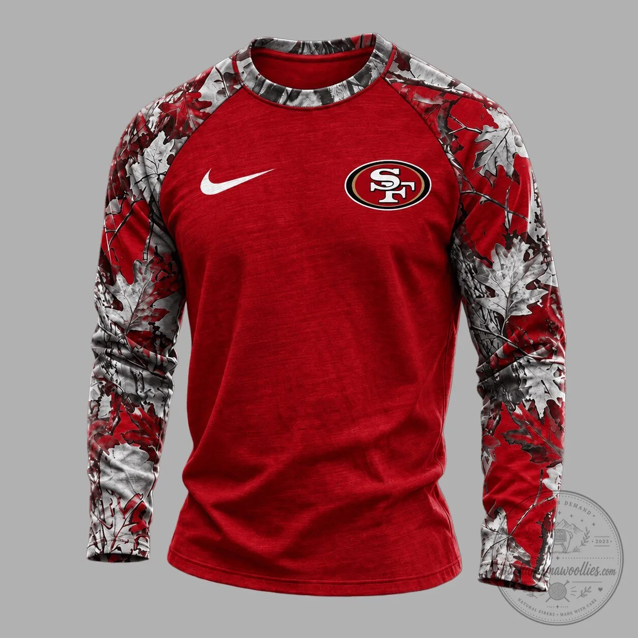 San Francisco 49ers Red Camouflage Long Sleeve Raglan Shirt for Men 1 San Francisco 49ers Red Camouflage Long Sleeve Raglan Shirt for Men