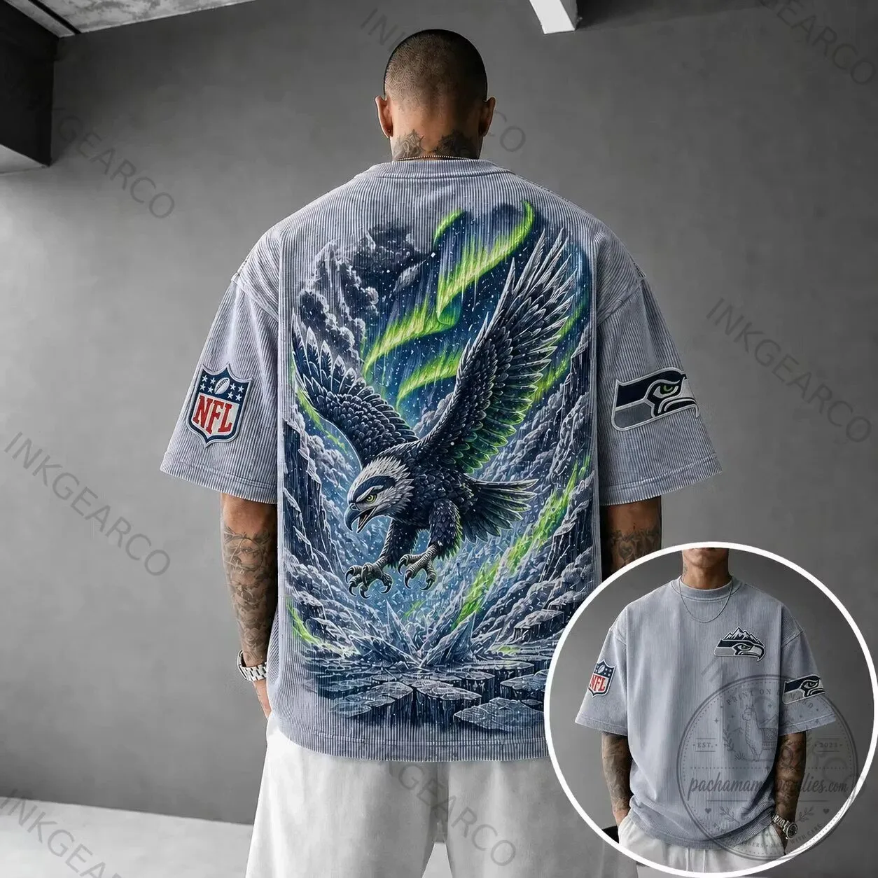 Seattle Seahawks NFL Eagle Aurora Borealis Vertical Stripe Short Sleeve Shirt 1 Seattle Seahawks NFL Eagle Aurora Borealis Vertical Stripe Short Sleeve Shirt