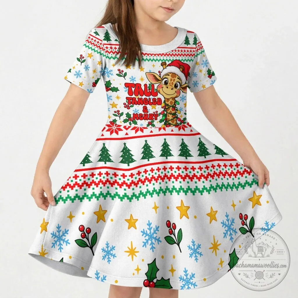 Christmas Giraffe Lights Kids Short Sleeve Holiday Dress