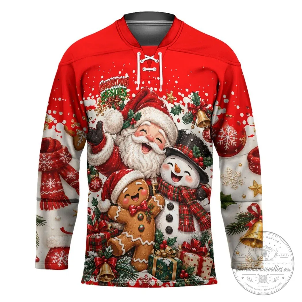 Christmas Santa Claus Snowman Gingerbread Holiday Friends Hockey Jersey