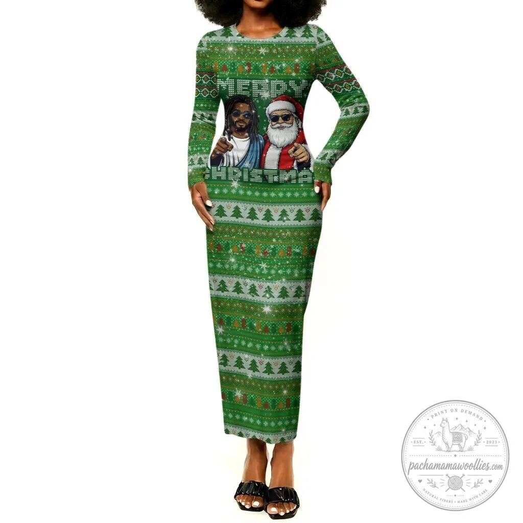 Black Jesus and Santa Claus Merry Christmas Ugly Sweater Long Sleeve Bodycon Dress