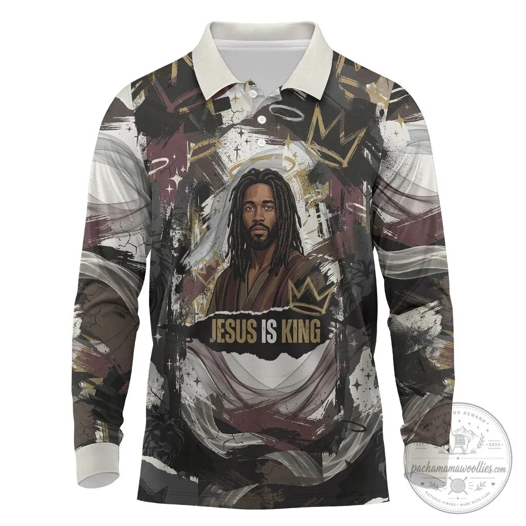 Jesus Is King Lion Of Judah Crown Grunge Art Long Sleeve Polo Shirt