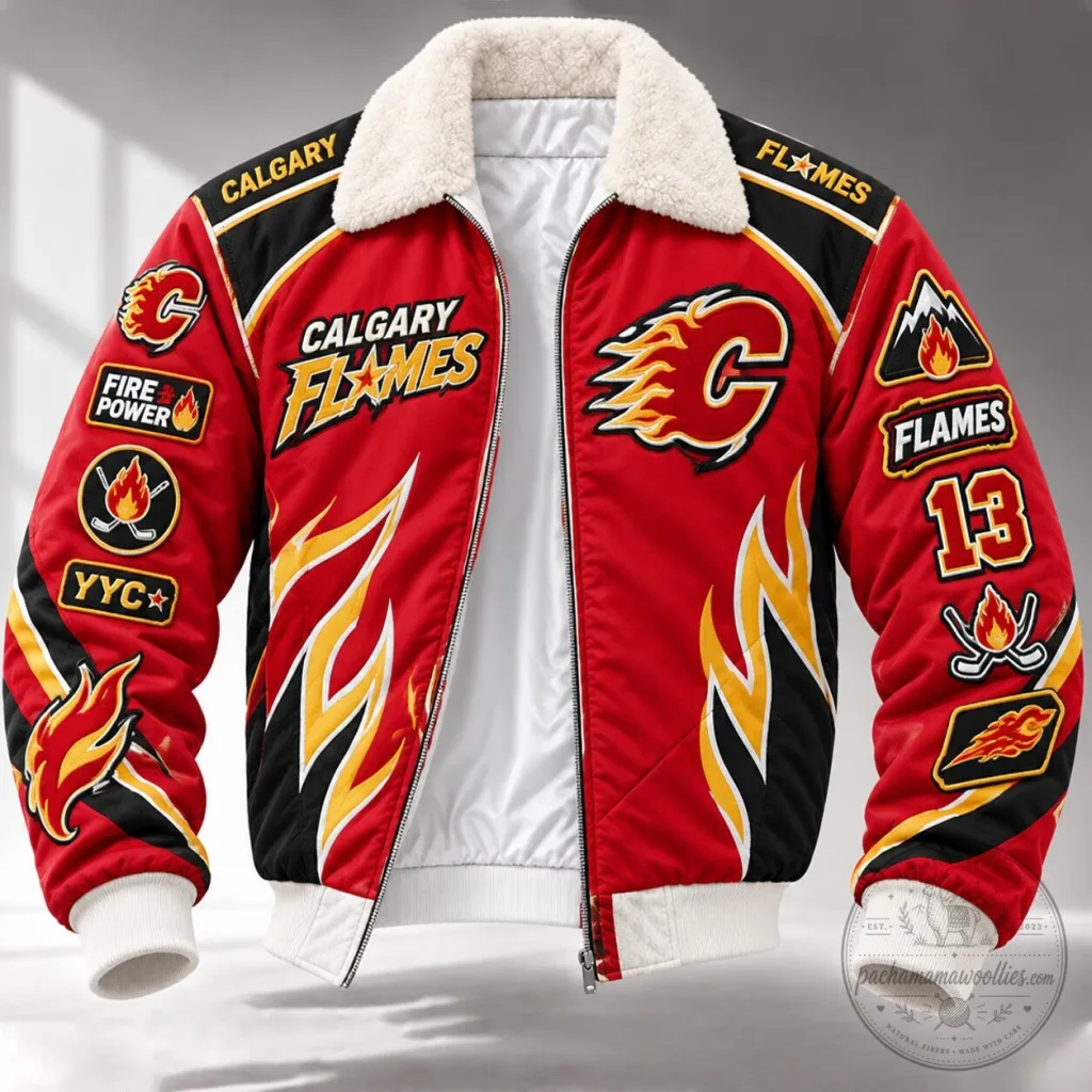 Calgary Flames Fire Power Bomber Jacket With Sherpa Collar Calgary Flames Fire Power Bomber Jacket With Sherpa Collar