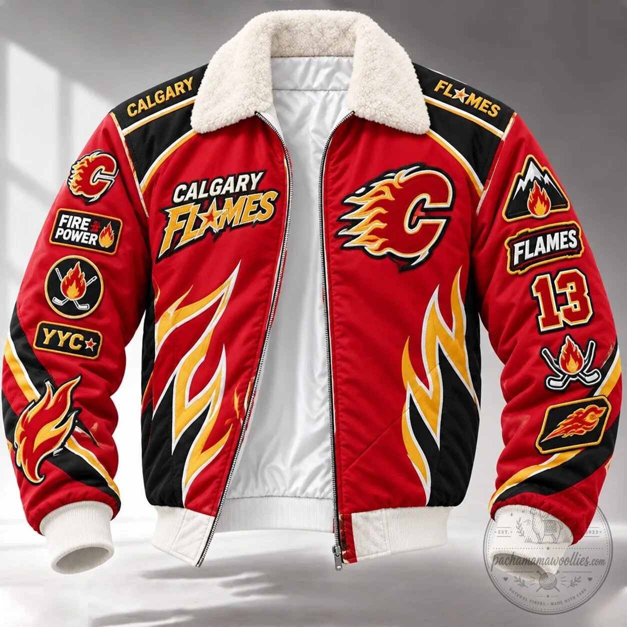 Calgary Flames Fire Power Bomber Jacket With Sherpa Collar 1 Calgary Flames Fire Power Bomber Jacket With Sherpa Collar