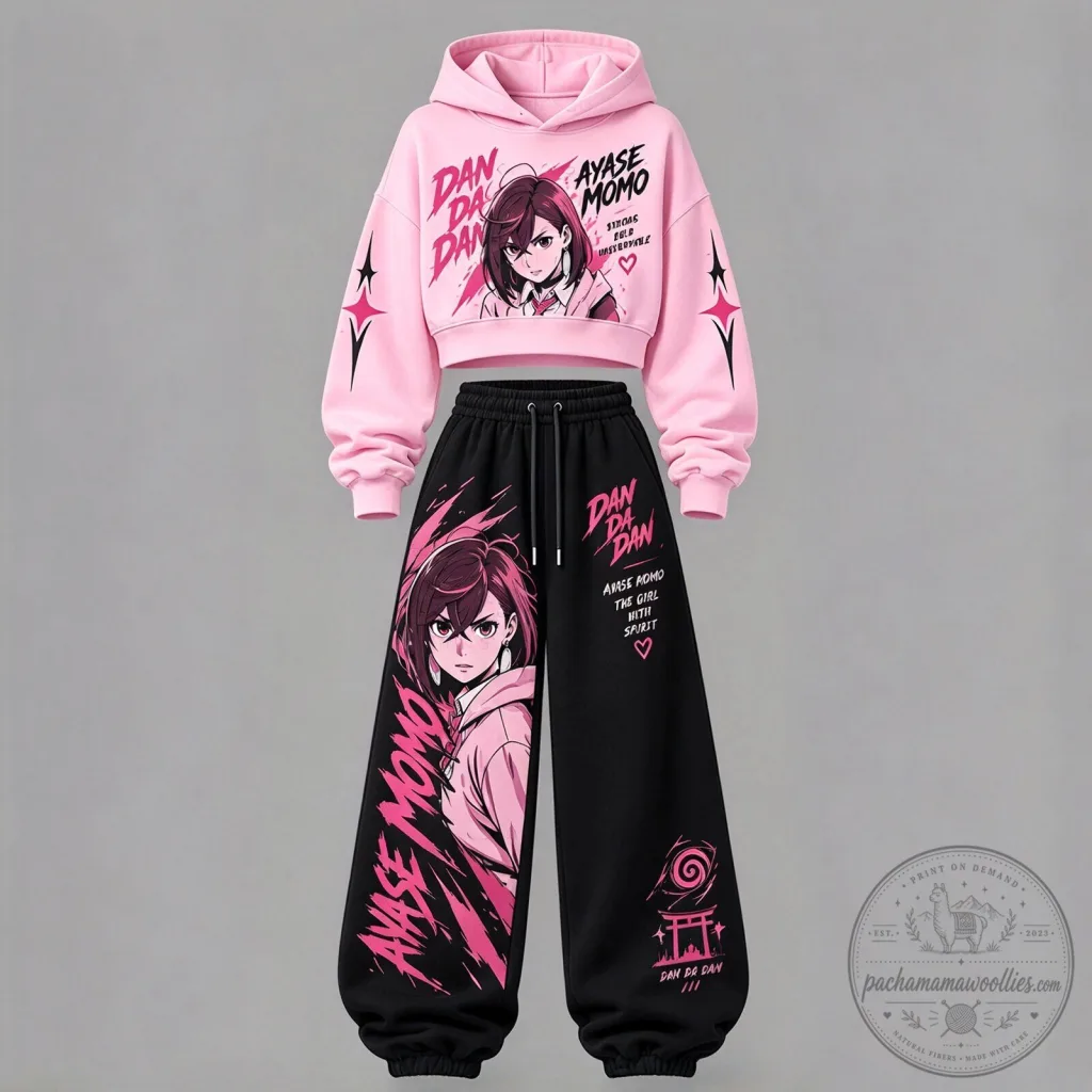 Dandadan Ayase Momo Anime Character Pink Cropped Hoodie and Sweatpants Set Dandadan Ayase Momo Anime Character Pink Cropped Hoodie and Sweatpants Set