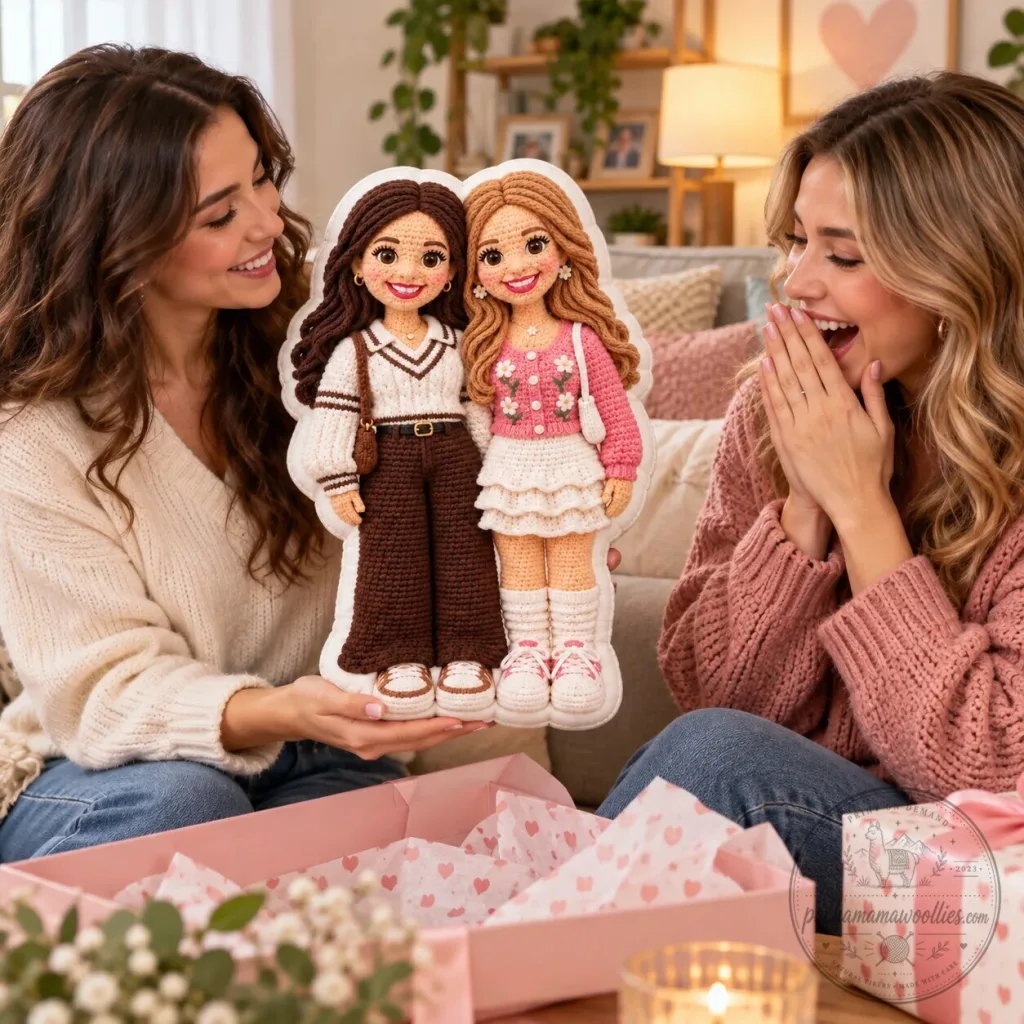 Personalized Best Friends Crochet Doll Shaped Photo Pillow for Besties Personalized Best Friends Crochet Doll Shaped Photo Pillow for Besties