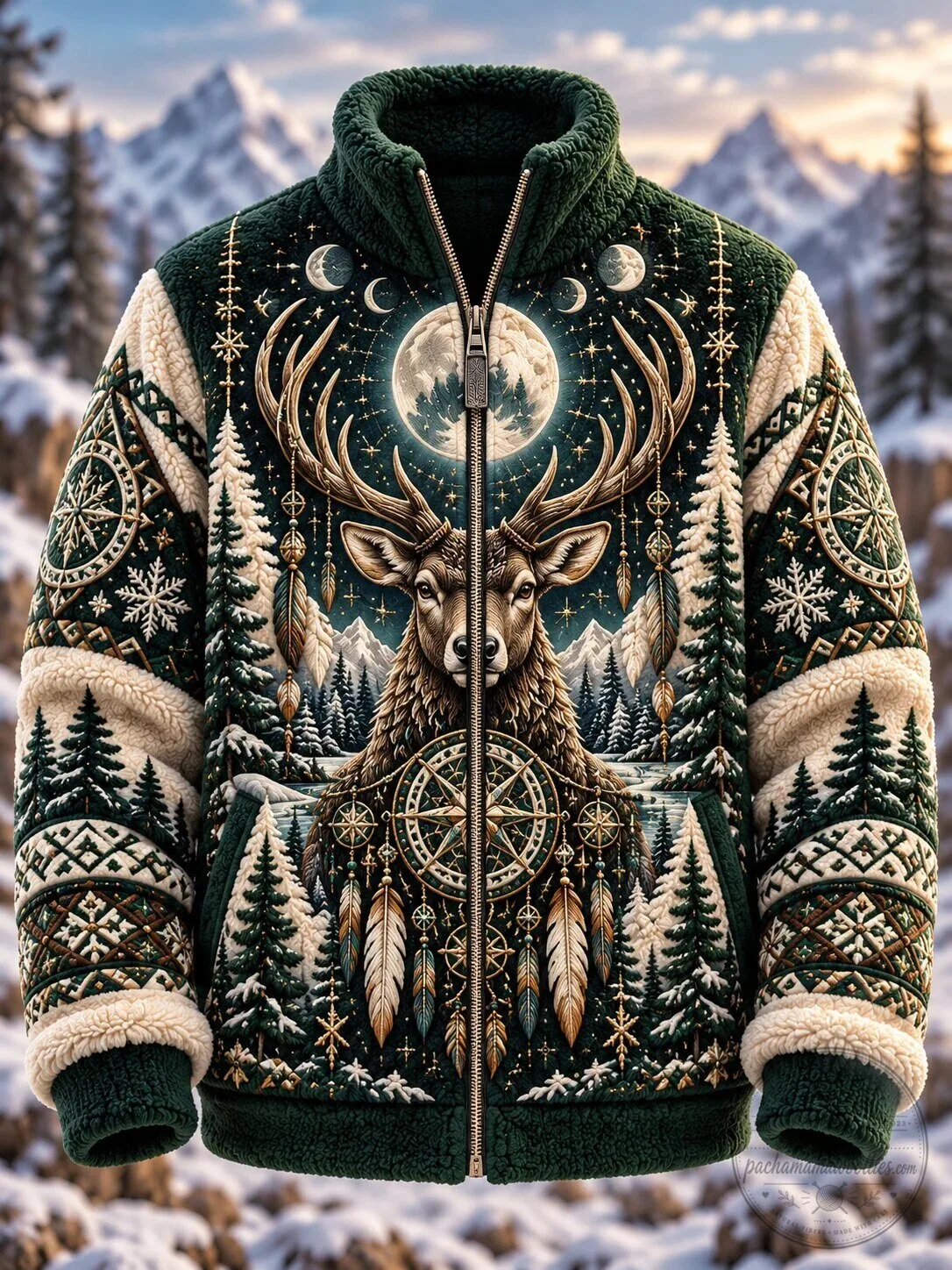 Nordic Deer Forest Winter Moon Sherpa Fleece Jacket