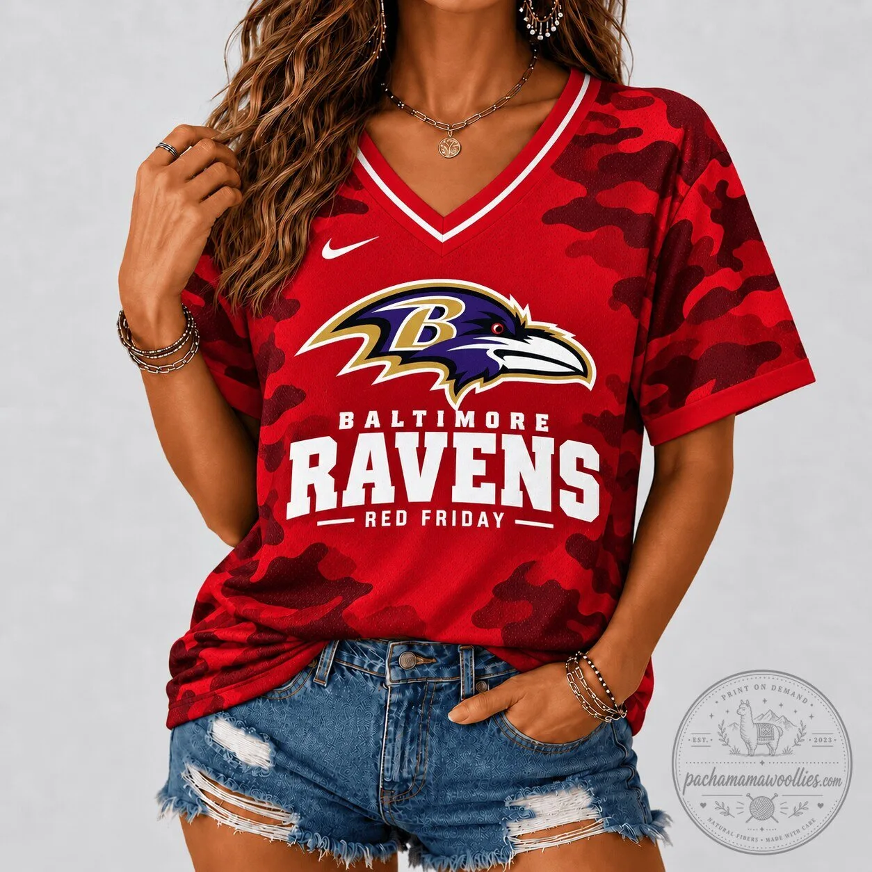 Baltimore Ravens Red Friday Camouflage V-Neck Football T-Shirt for Women 1 Baltimore Ravens Red Friday Camouflage V-Neck Football T-Shirt for Women