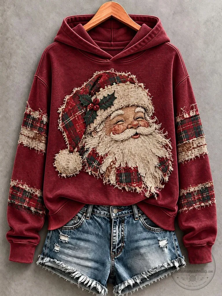 Festive Santa Claus Plaid Patchwork Christmas Holiday Hoodie for Women