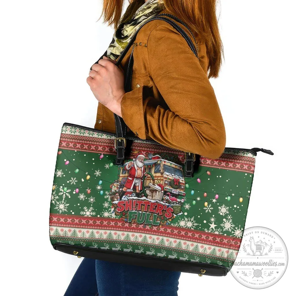 Christmas Vacation Shitter's Full Holiday Ugly Sweater Pattern Leather Tote Bag