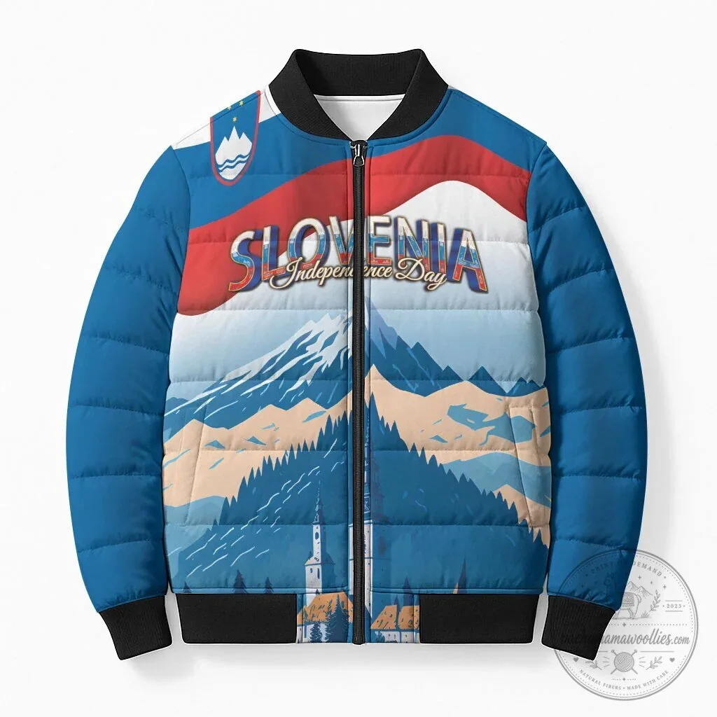 Bomber Jacket Featuring Julian Alps Landscape at Lake Bled for Slovenia Independence Day