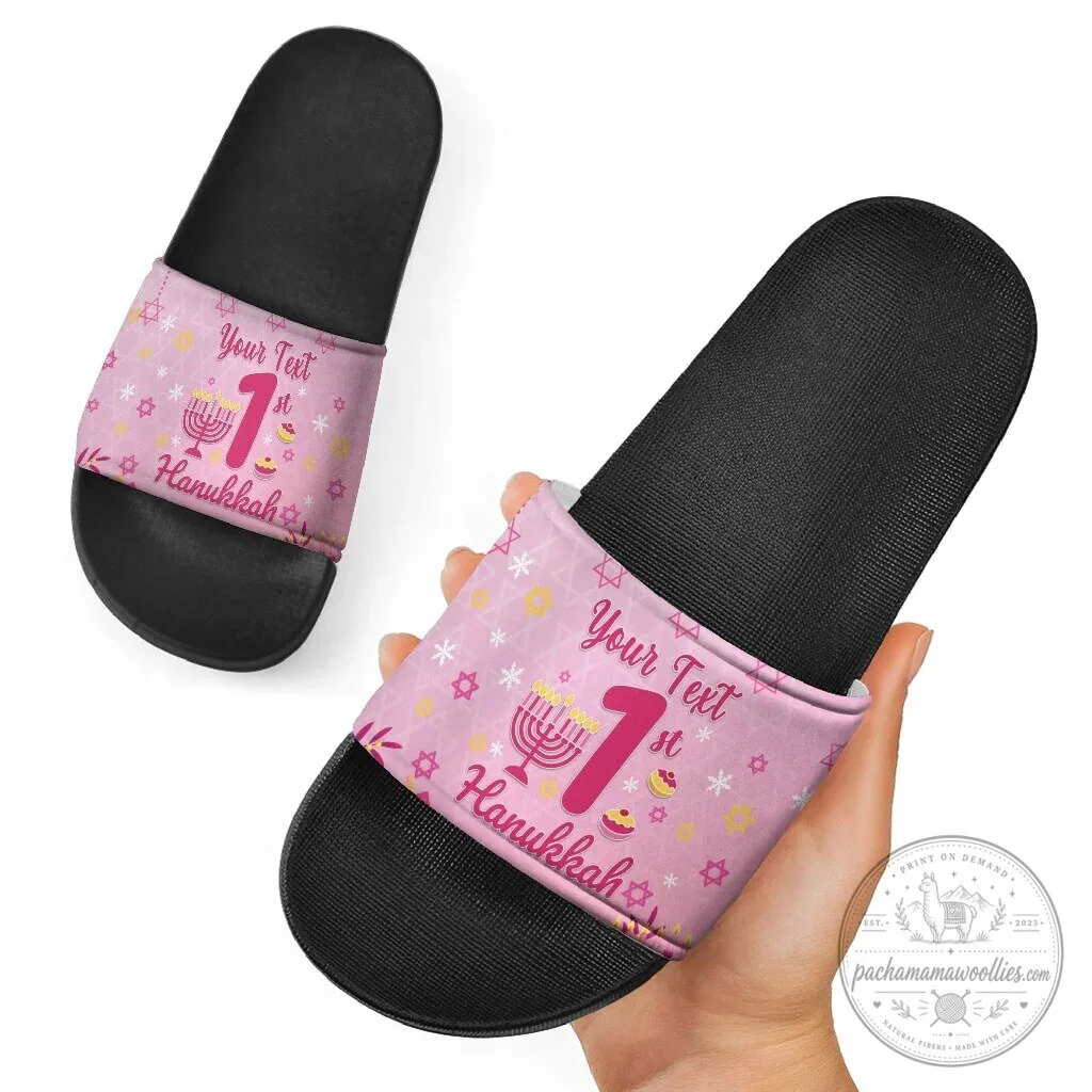 Personalized My First Hanukkah Pink Menorah Star of David Slide Sandals 7 Personalized My First Hanukkah Pink Menorah Star of David Slide Sandals