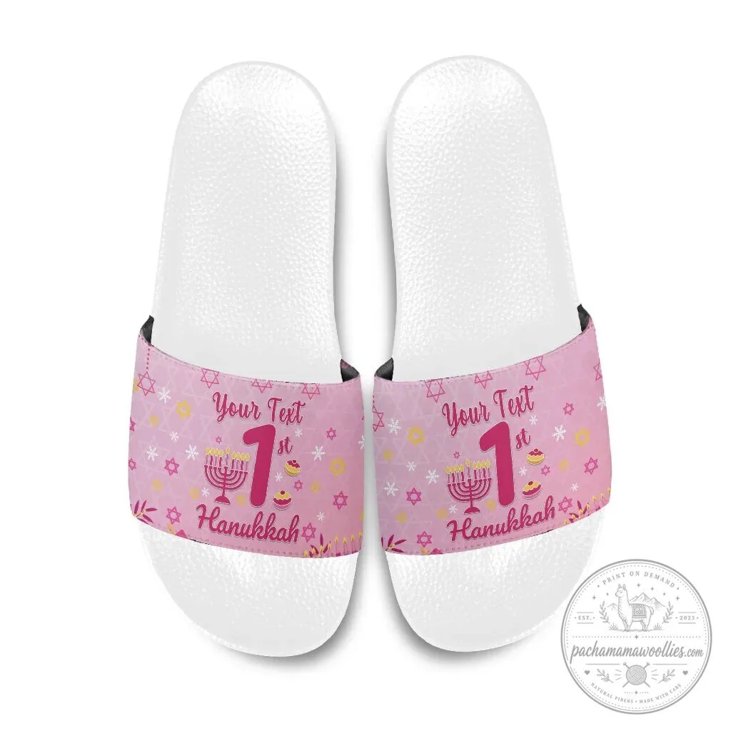 Personalized My First Hanukkah Pink Menorah Star of David Slide Sandals 8 Personalized My First Hanukkah Pink Menorah Star of David Slide Sandals
