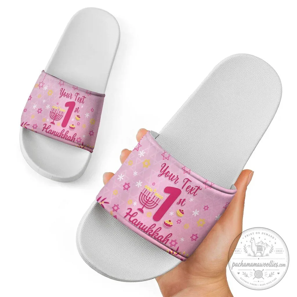 Personalized My First Hanukkah Pink Menorah Star of David Slide Sandals 9 Personalized My First Hanukkah Pink Menorah Star of David Slide Sandals
