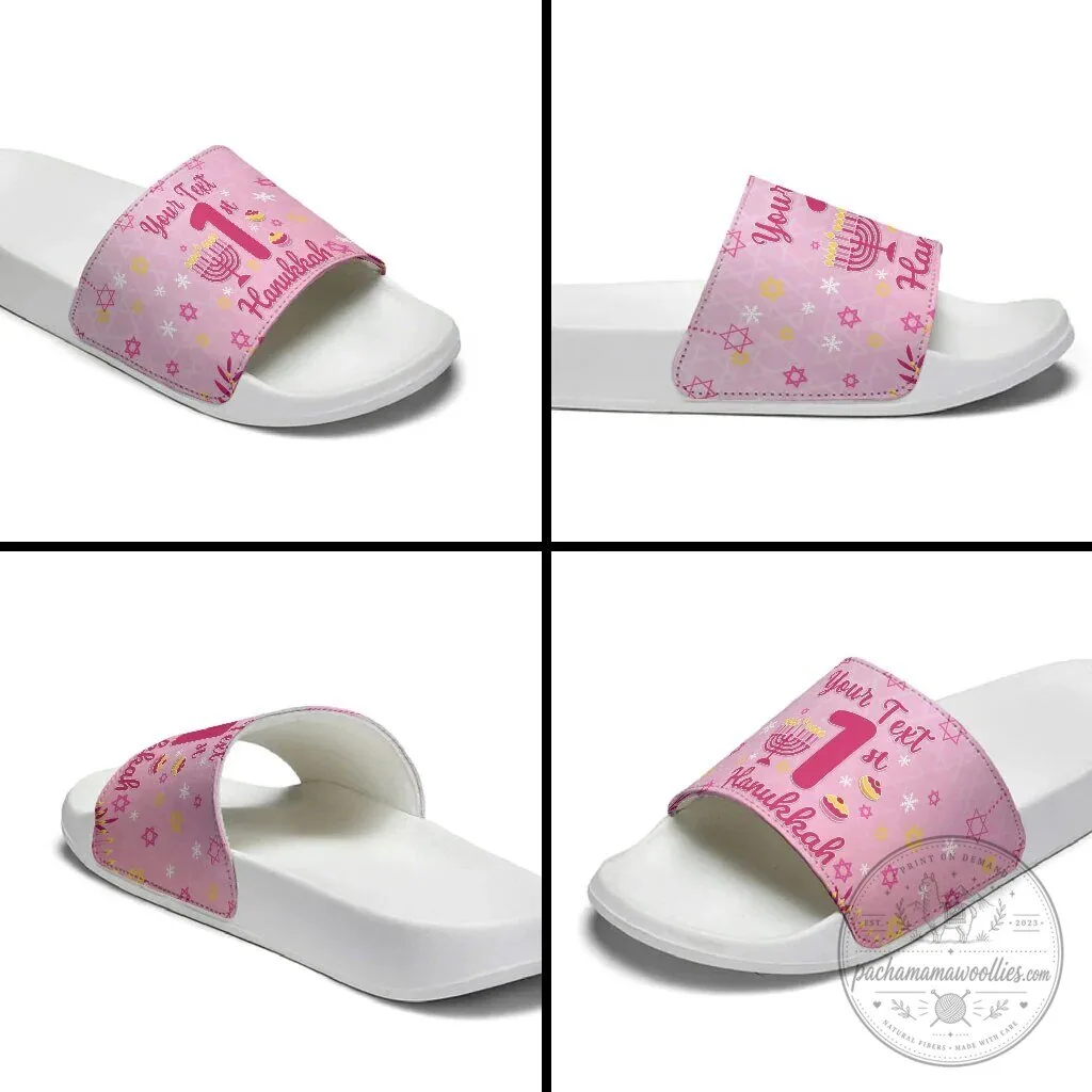 Personalized My First Hanukkah Pink Menorah Star of David Slide Sandals 11 Personalized My First Hanukkah Pink Menorah Star of David Slide Sandals