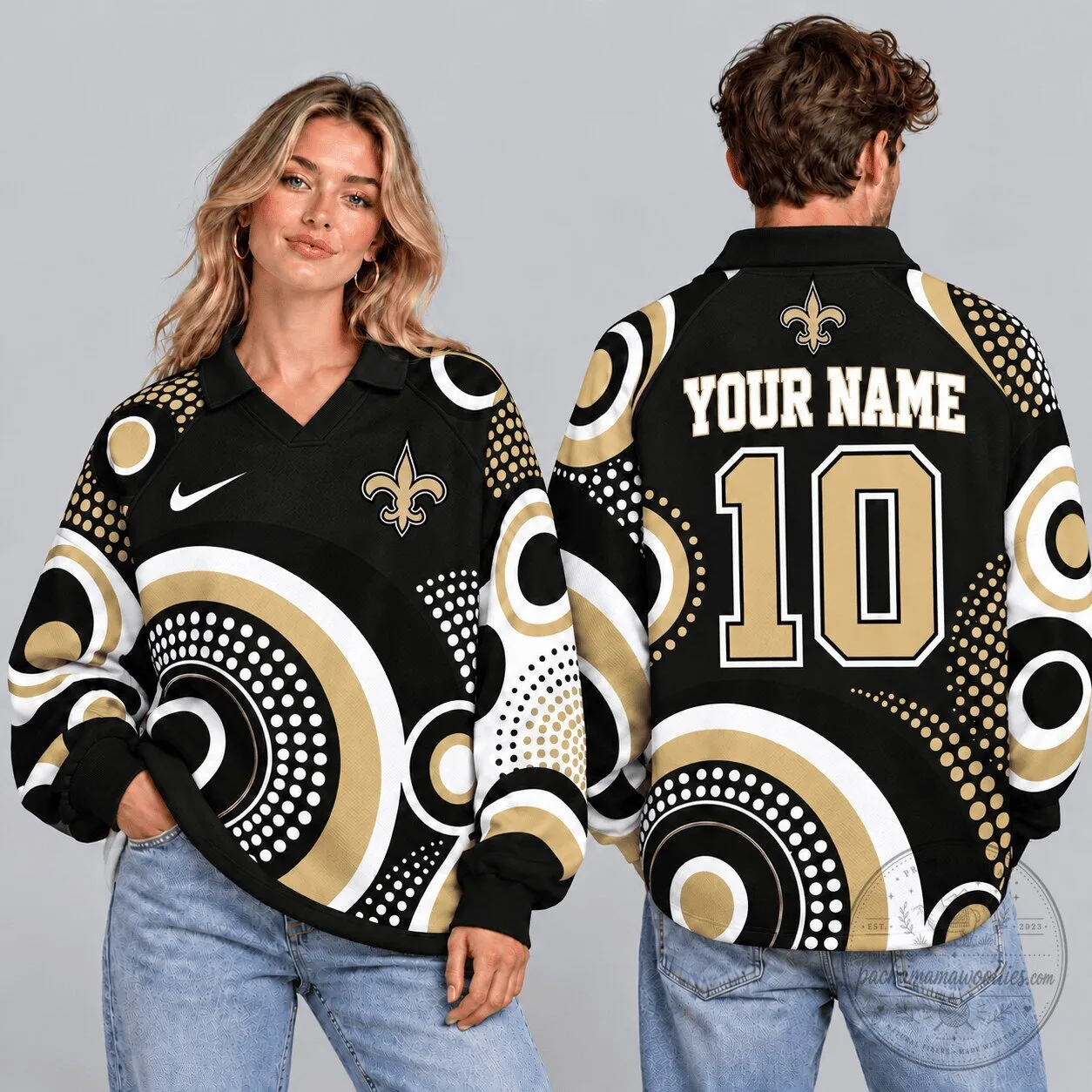 New Orleans Saints Geometric Circle Print Custom Name Number Long Sleeve Polo Shirt