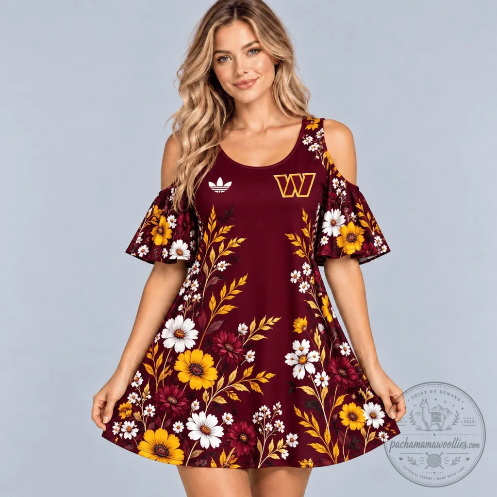 Washington Commanders Floral Print Cold Shoulder Ruffle Sleeve Mini Dress Washington Commanders Floral Print Cold Shoulder Ruffle Sleeve Mini Dress