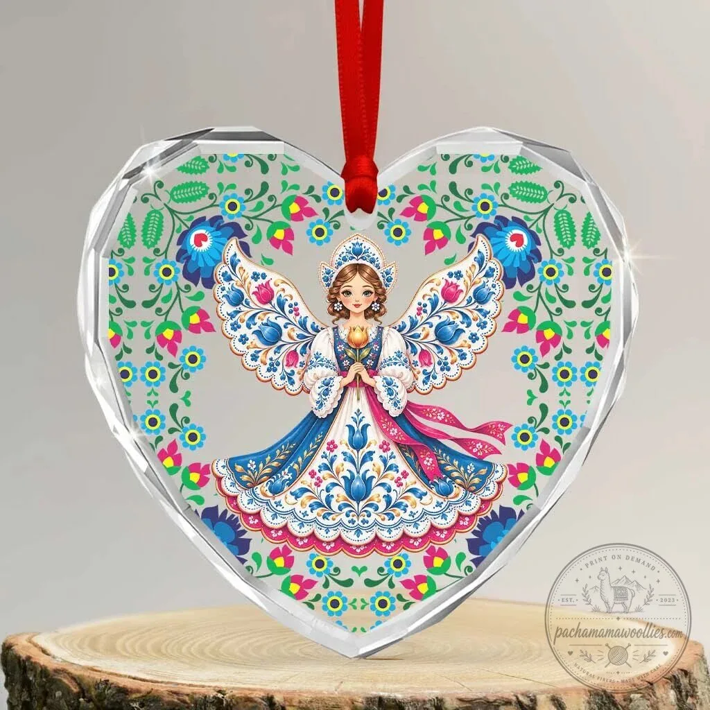 Polish Folk Angel Christmas Heart Shaped Glass Ornament with Floral Pattern