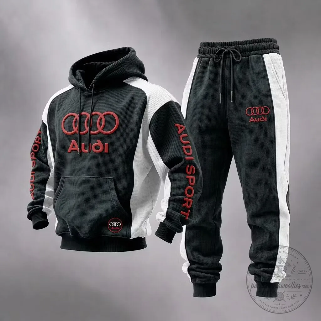 Audi Sport Racing Style Embroidered Logo Mens Black and White Hoodie