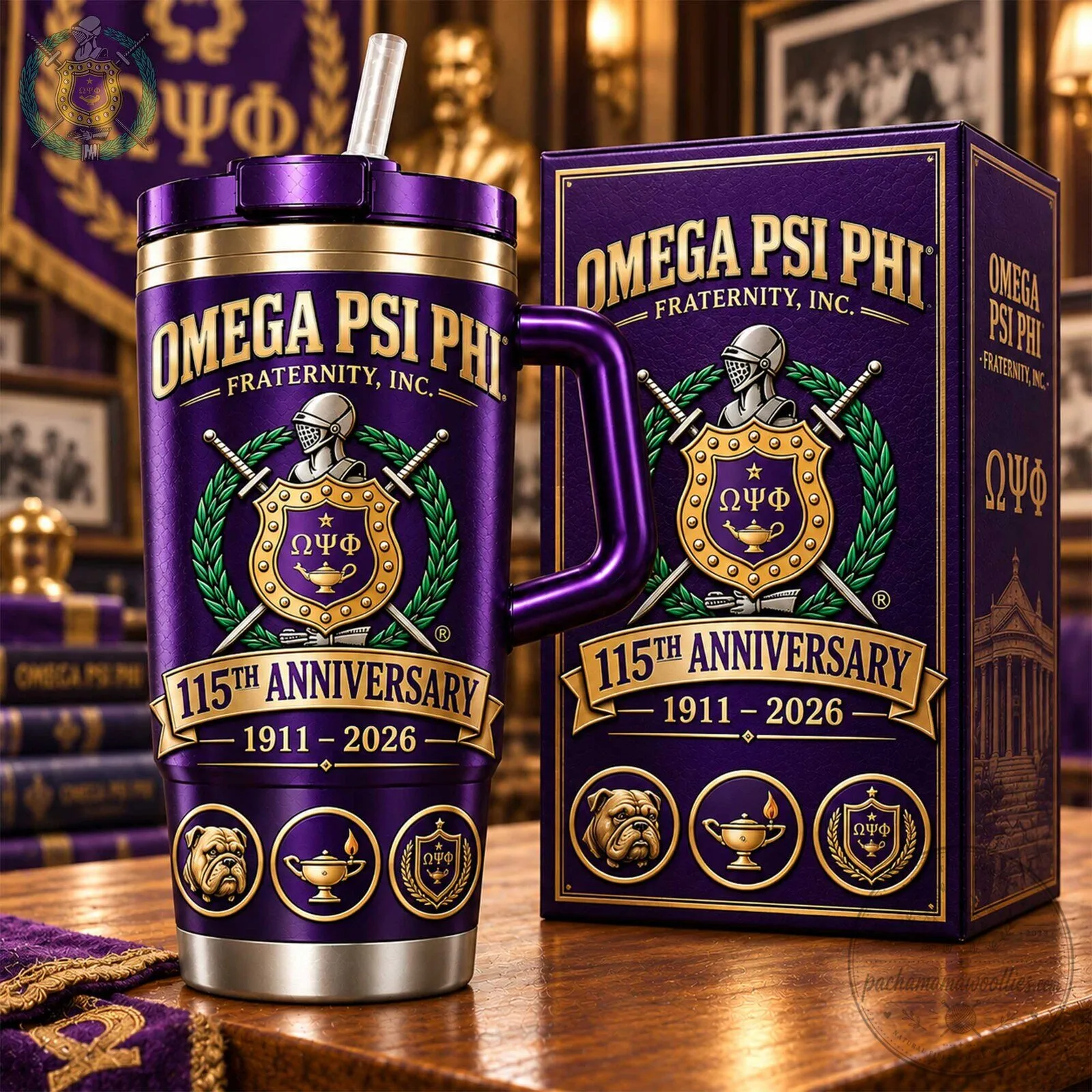 Omega Psi Phi Fraternity 115th Anniversary Stainless Steel Tumbler with Handle