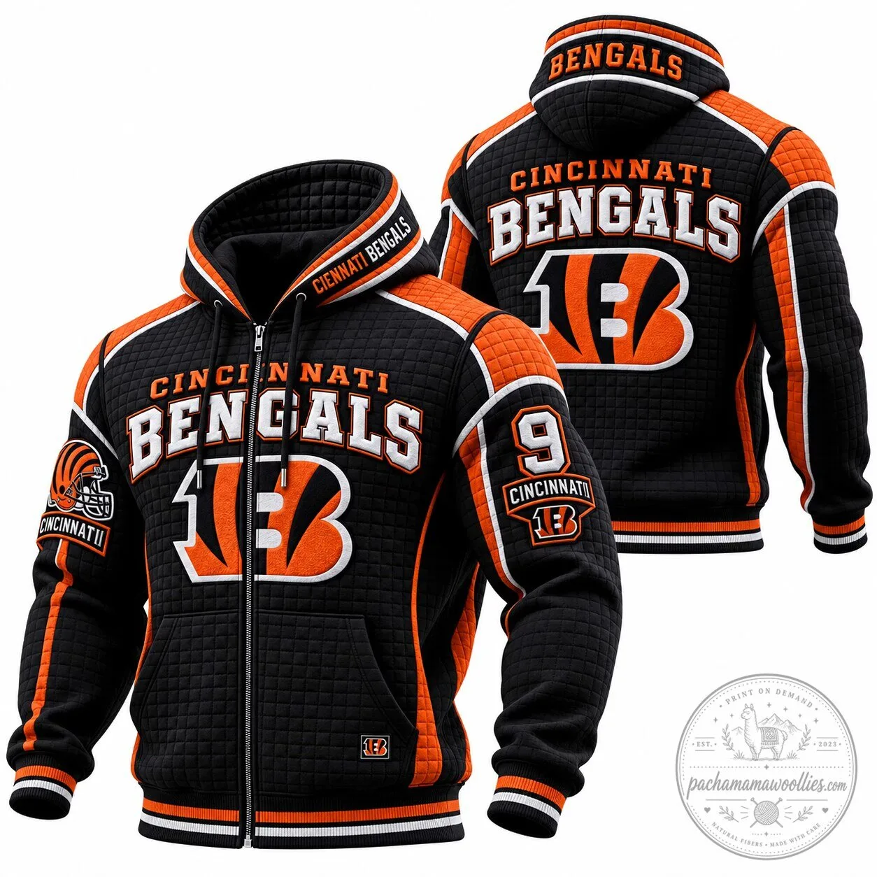Cincinnati Bengals Football Team Black Quilted Design Full-Zip Hoodie 1 Cincinnati Bengals Football Team Black Quilted Design Full-Zip Hoodie