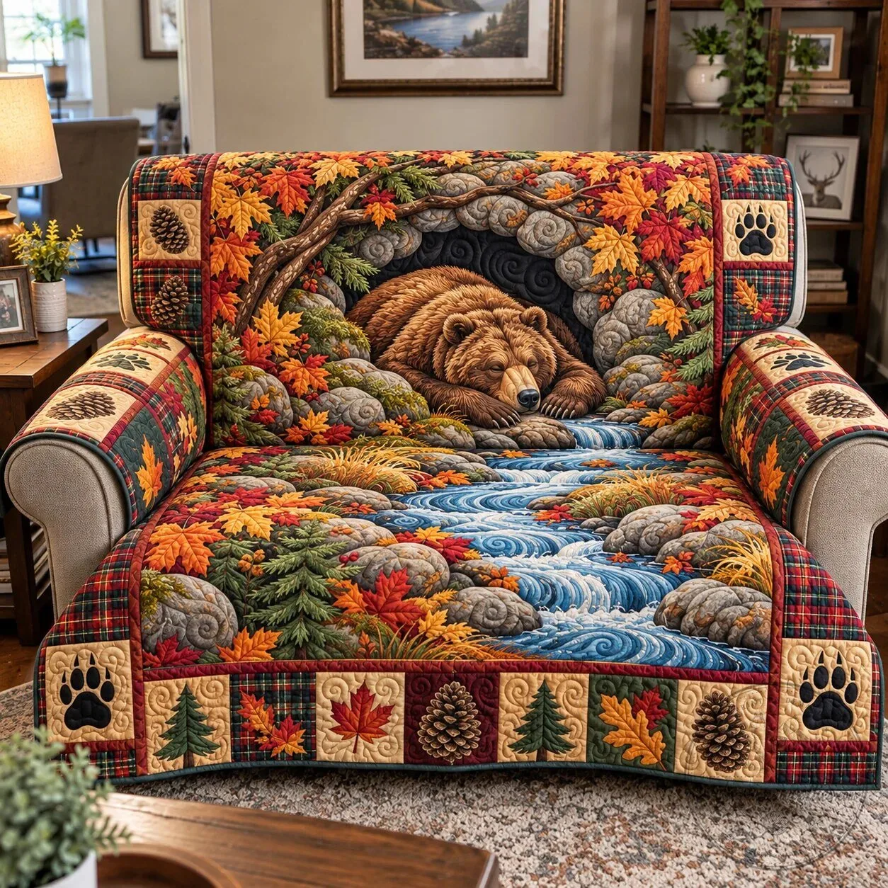 Autumn River Bear Quilted Sofa Cover with Fall Leaves and Pinecones