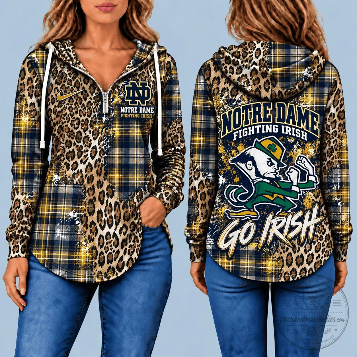 Notre Dame Fighting Irish Leopard Plaid Pattern Half-Zip Hoodie