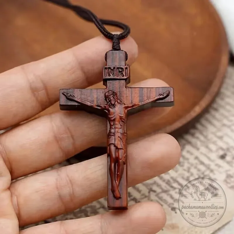 Wooden Jesus Christ Crucifix Pendant Necklace with INRI Inscription