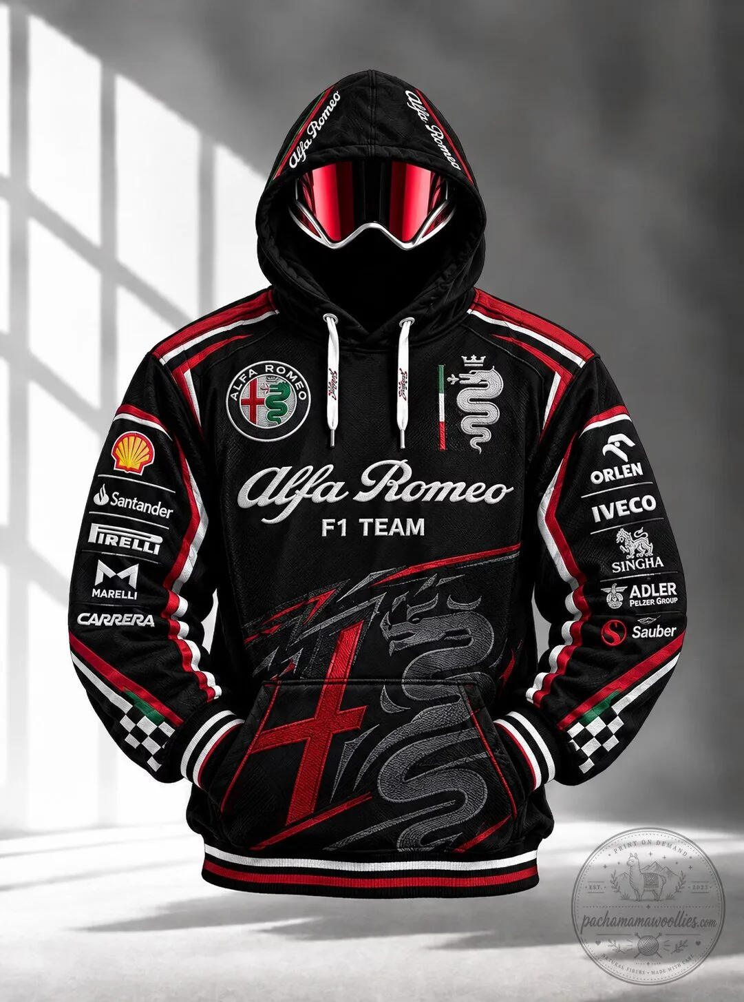 Black and Red Full Print Hoodie for Alfa Romeo F1 Team Racing