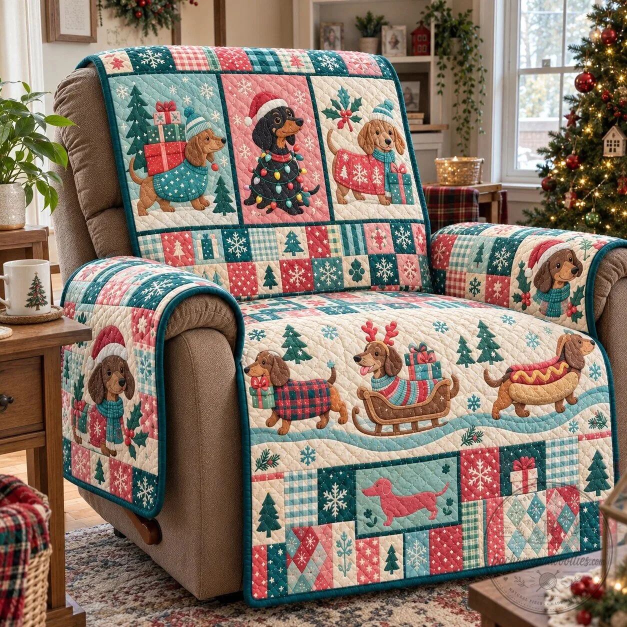 Christmas Dachshund Dog Winter Holiday Quilted Recliner Sofa Cover Protector