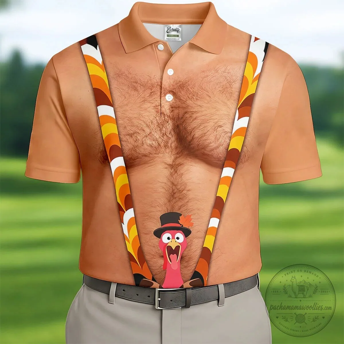 Funny Hairy Chest Turkey Suspenders Thanksgiving Holiday Men's Polo Shirt