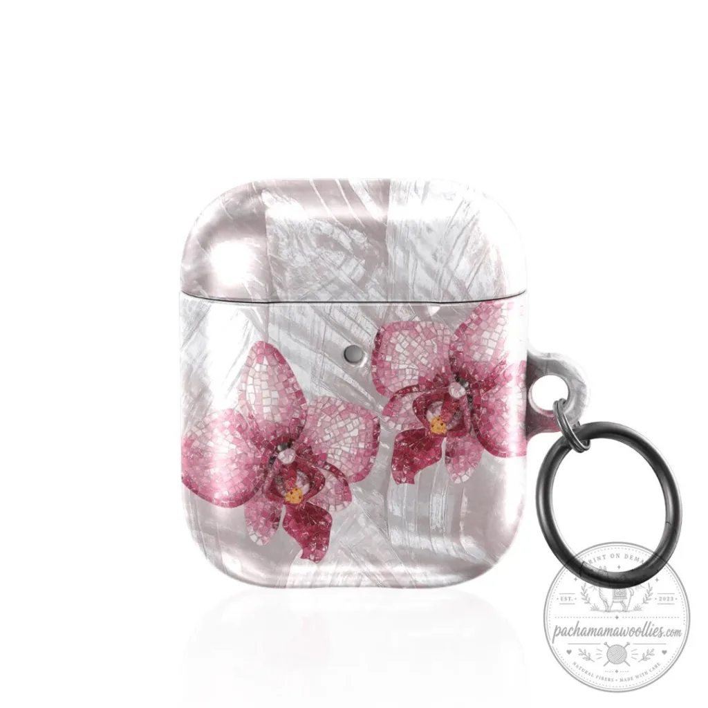Pink Mosaic Orchid Flower Design Apple AirPods Protective Case with Keychain