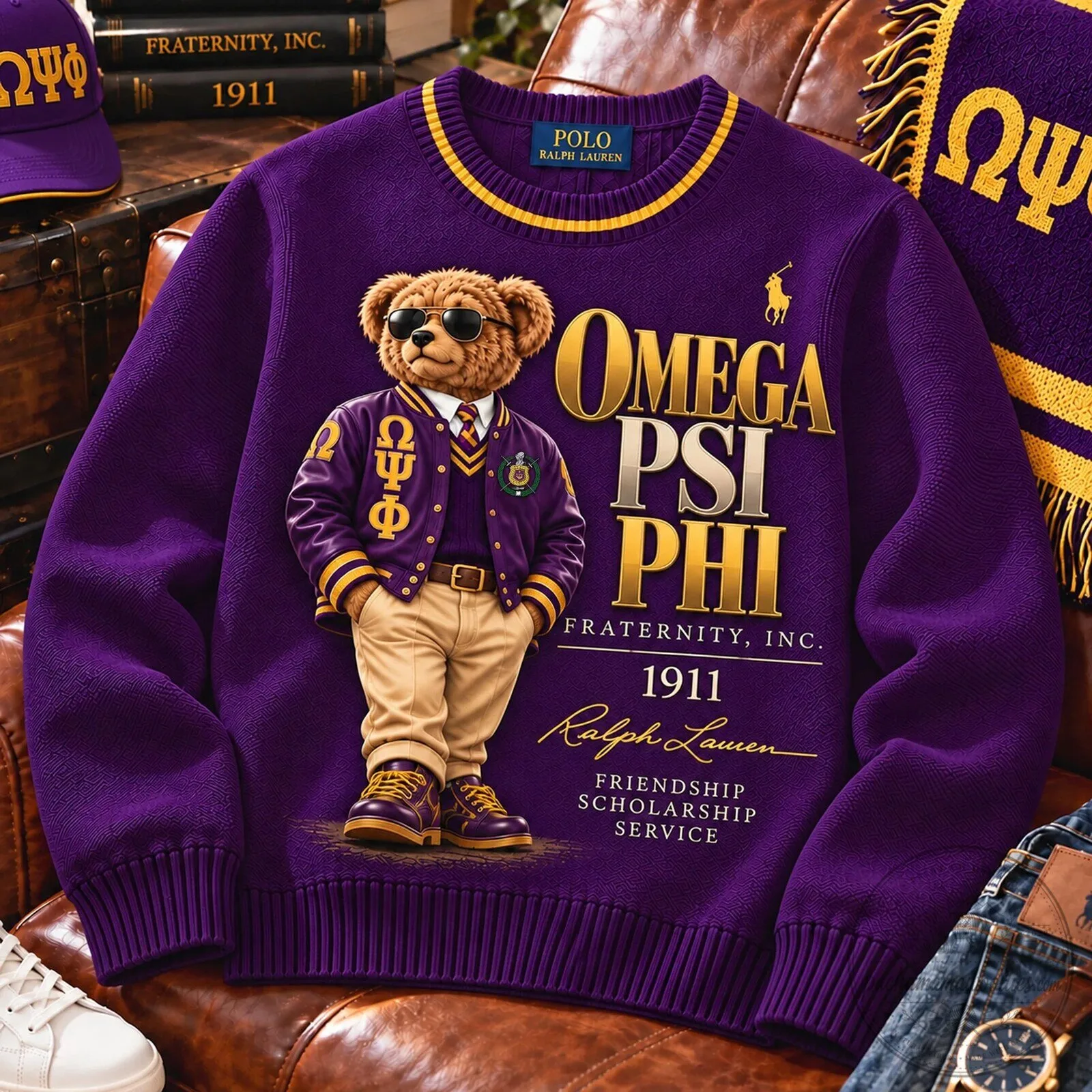 Omega Psi Phi Fraternity Inc. Ralph Lauren Polo Bear Purple Crewneck Sweatshirt