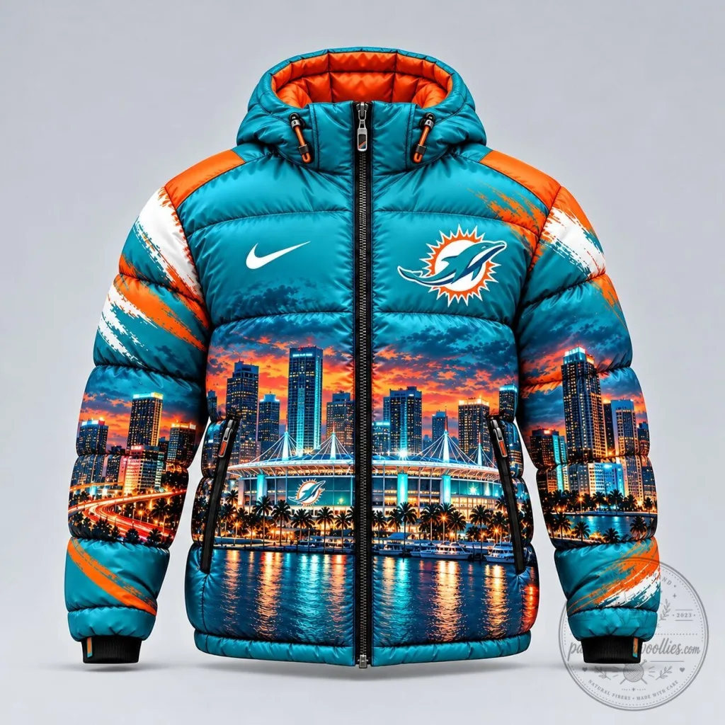Miami Dolphins Hard Rock Stadium Skyline Puffer Jacket with Nike Logo Miami Dolphins Hard Rock Stadium Skyline Puffer Jacket with Nike Logo